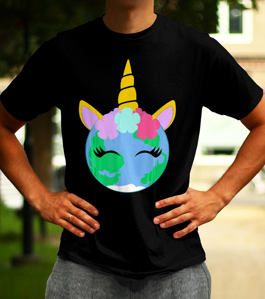Unicorn Earth Cute Unicorn Face Earth With Flowers And Horn T-Shirt