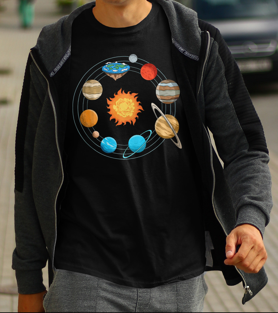 Flat Earth Joke Flat Earthers Solar System With Planets Orbiting Earth As A Disk T-Shirt