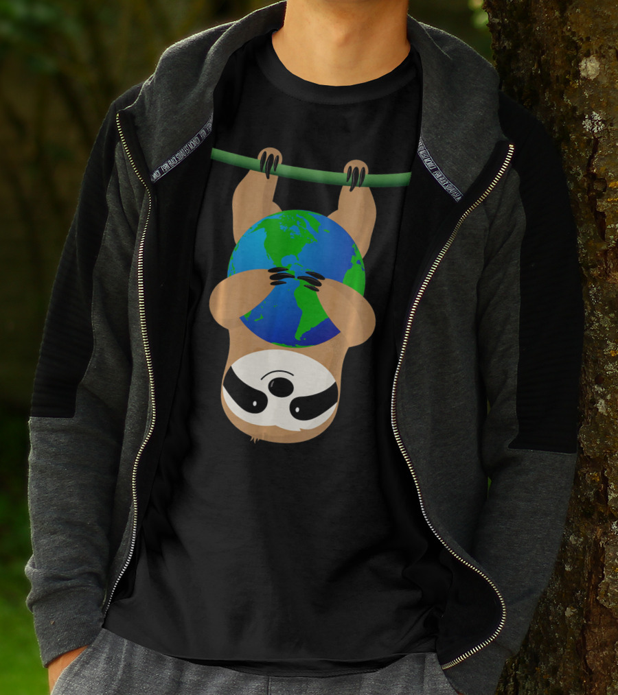 Earth Day Love The Earth Hanging Sloth Hugging Globe T-Shirt