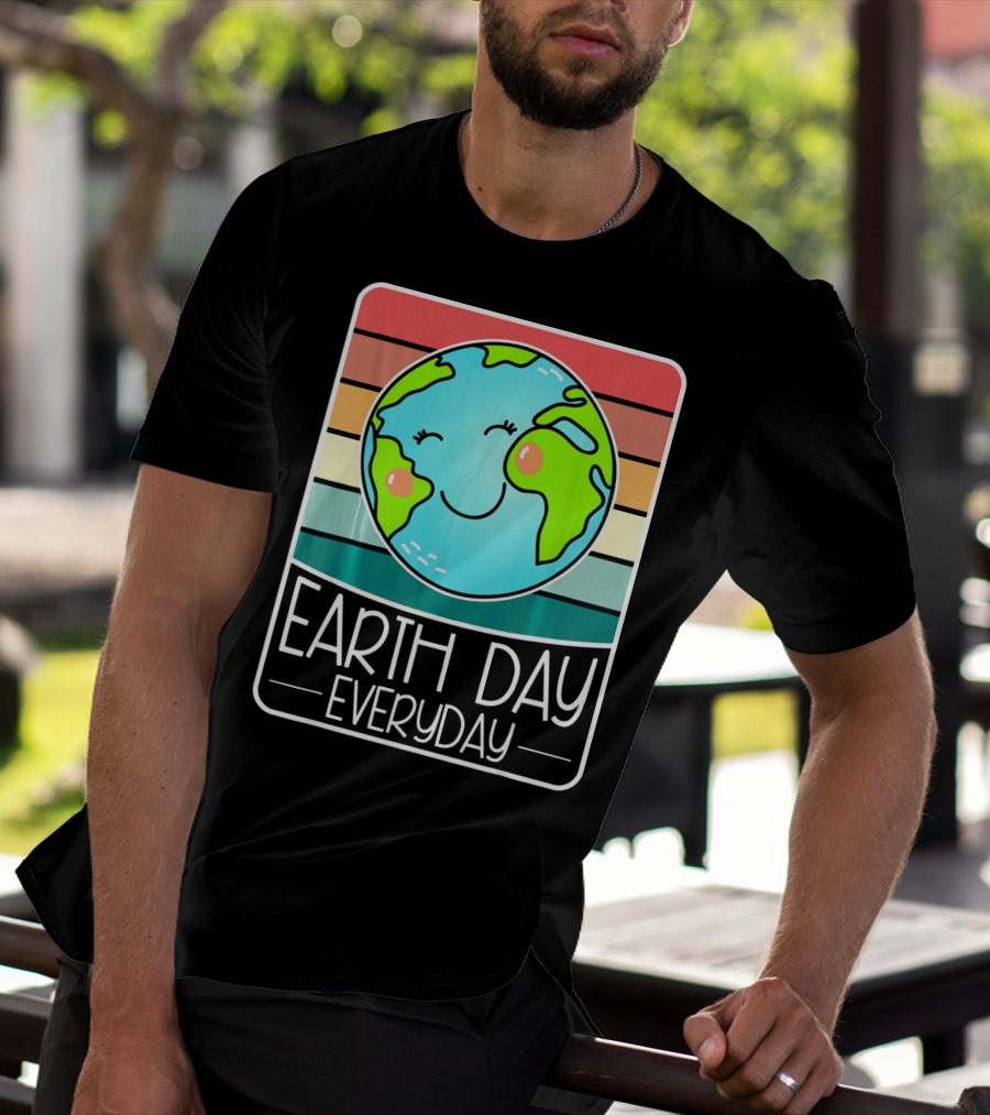 Earth Day Everyday Smiling Earth On Retro Stripes T-Shirt