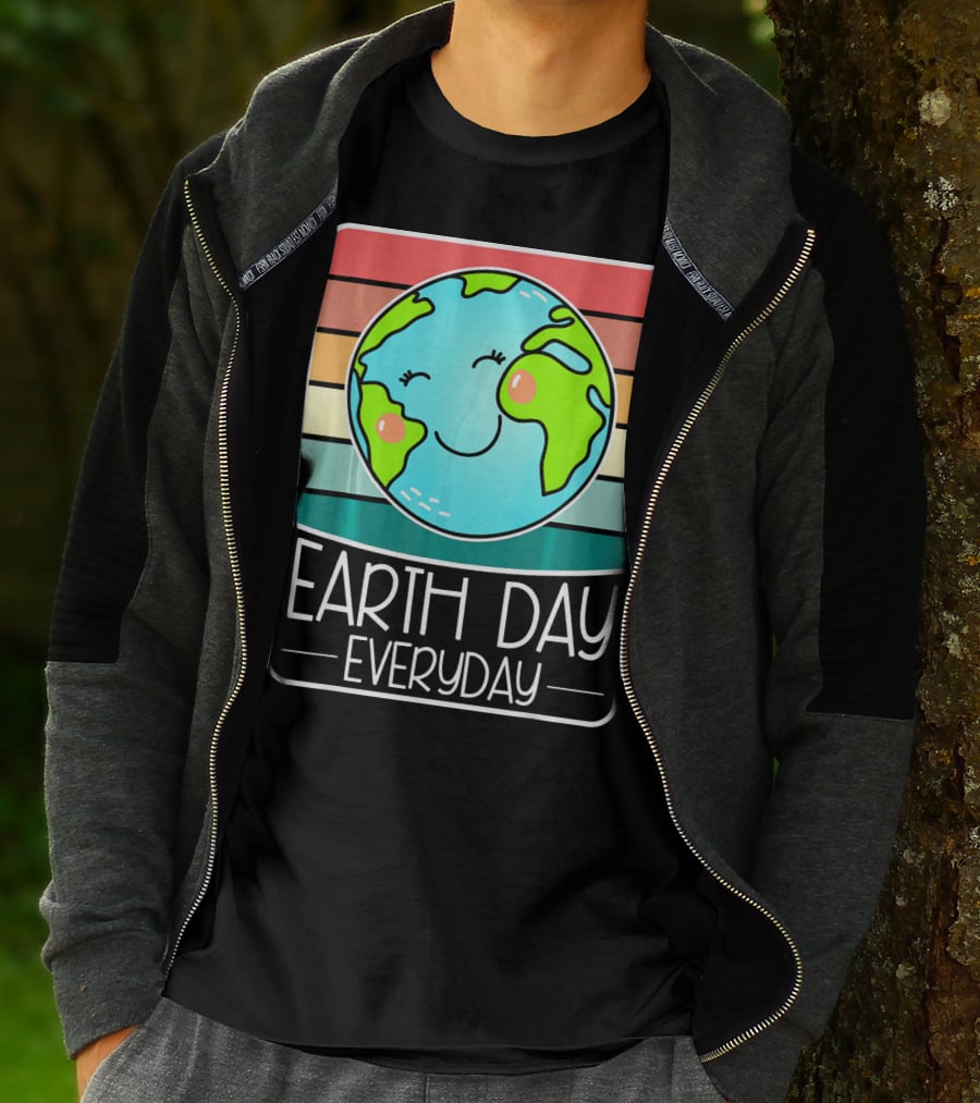 Earth Day Everyday Smiling Earth On Retro Stripes T-Shirt