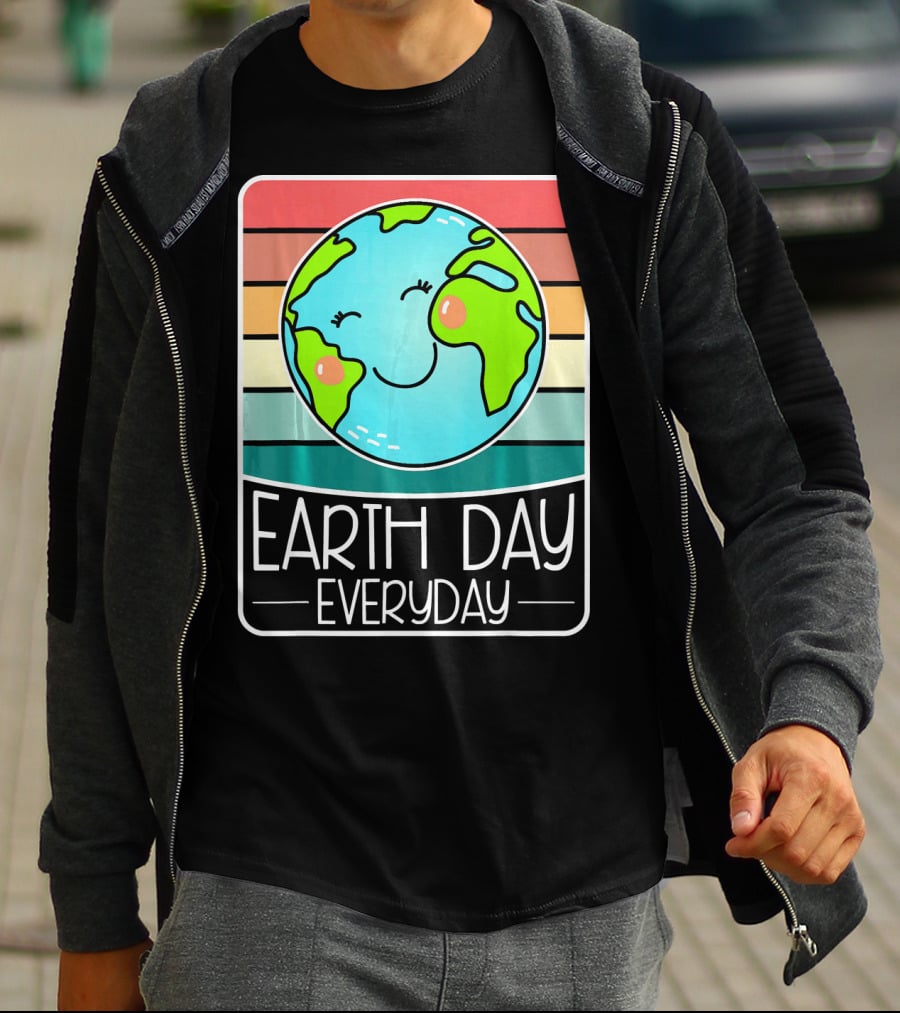 Earth Day Everyday Smiling Earth On Retro Stripes T-Shirt