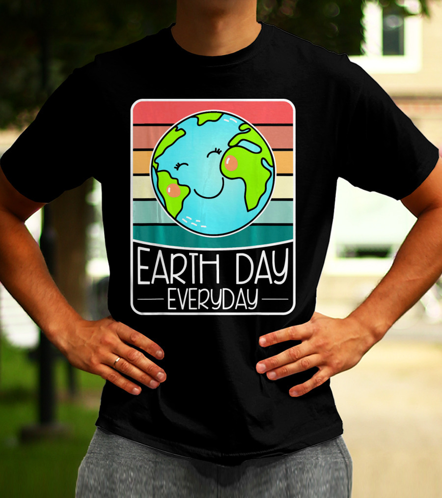 Earth Day Everyday Smiling Earth On Retro Stripes T-Shirt