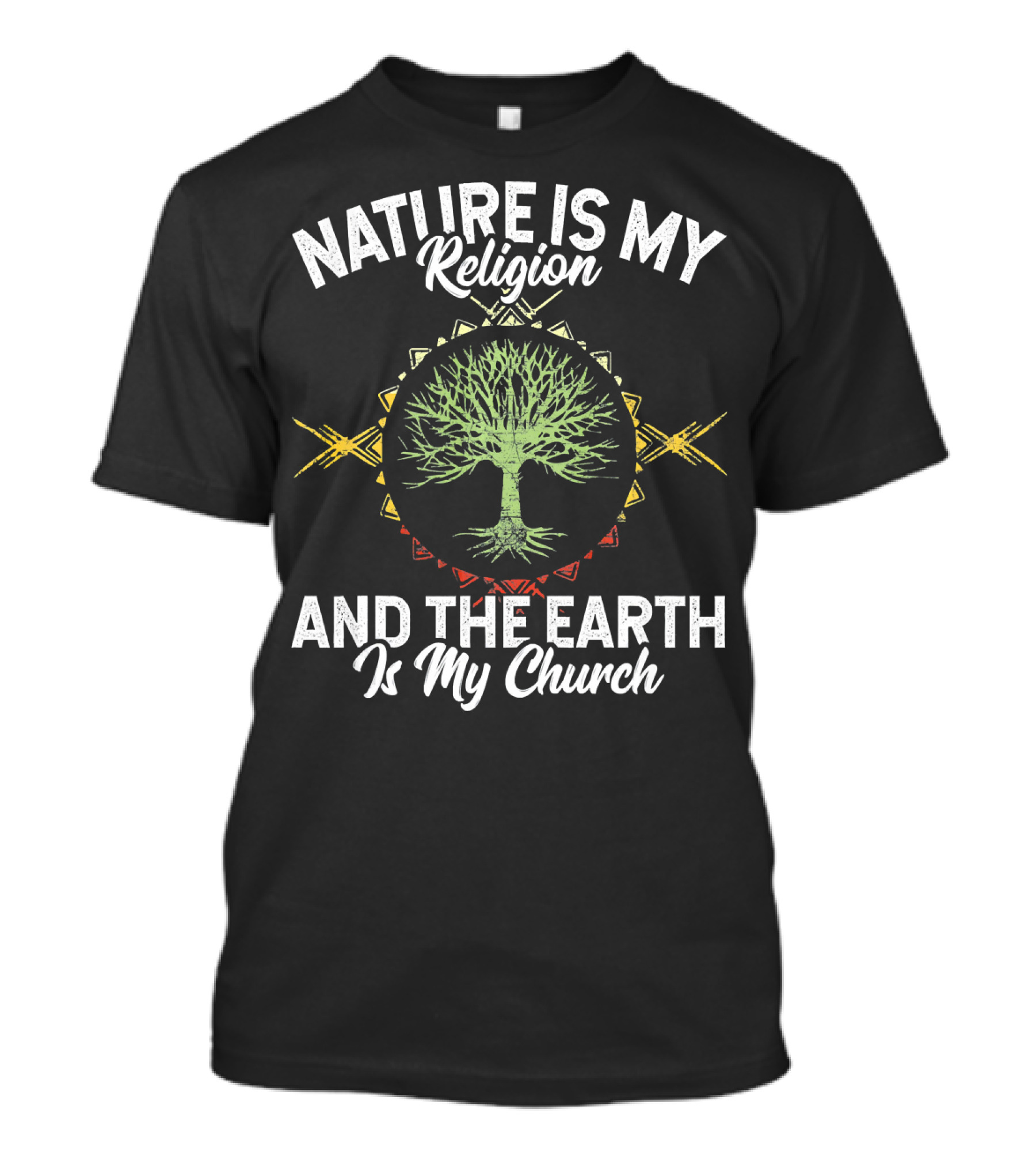 Nature Is My Religion And The Earth Is My Church Tree Silhouette On Mandala T-Shirt