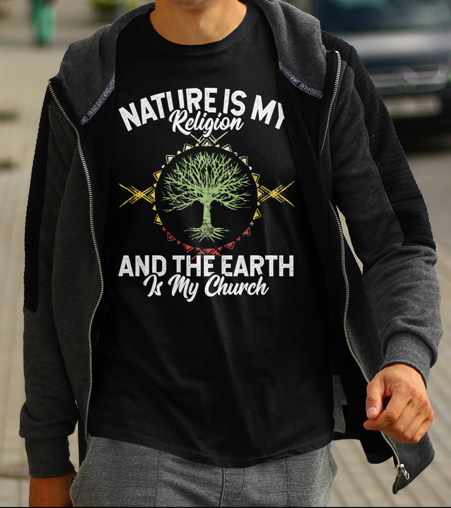 Nature Is My Religion And The Earth Is My Church Tree Silhouette On Mandala T-Shirt
