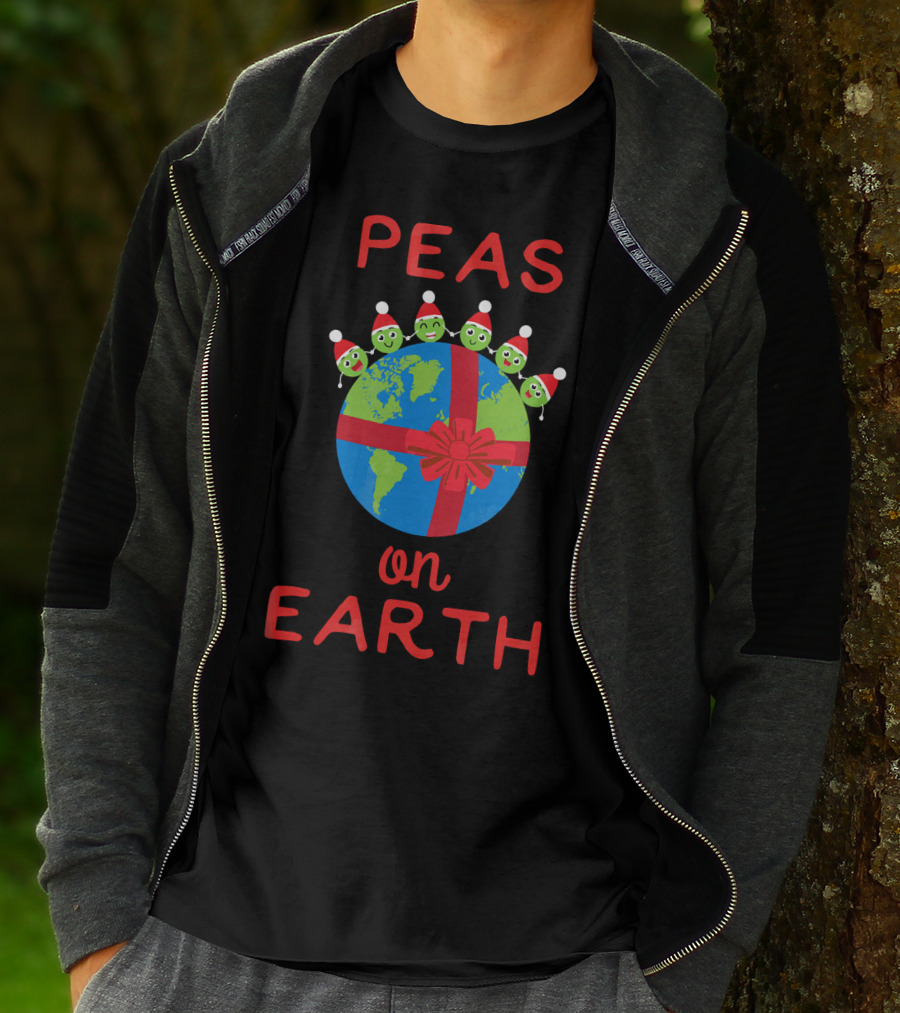 Peas On Earth World Peace Vegetables Santa Hat Planet Gift Bow T-Shirt