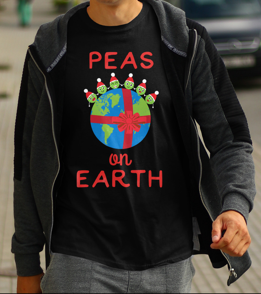 Peas On Earth World Peace Vegetables Santa Hat Planet Gift Bow T-Shirt