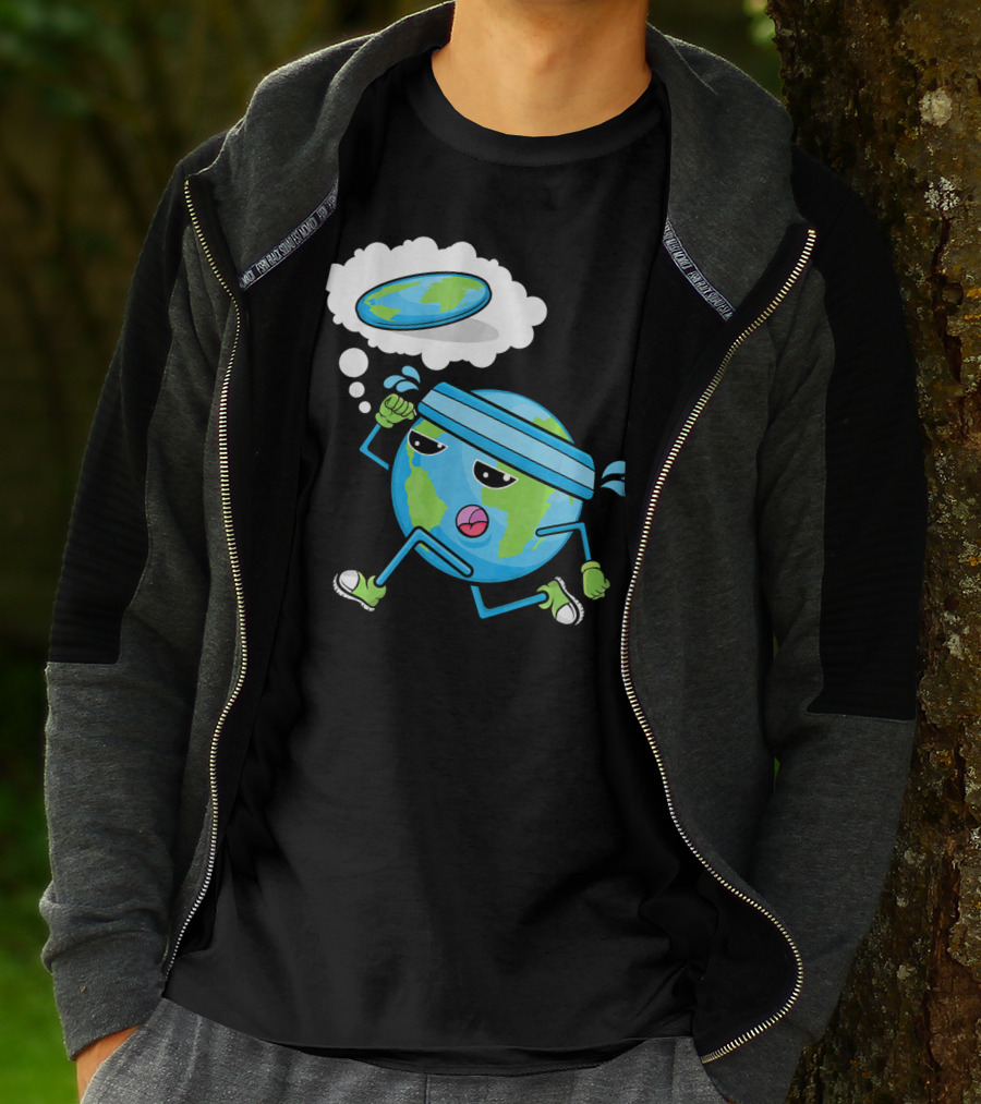 Flat Earth Gym Runner Cartoon With Sweatband And Sneakers T-Shirt