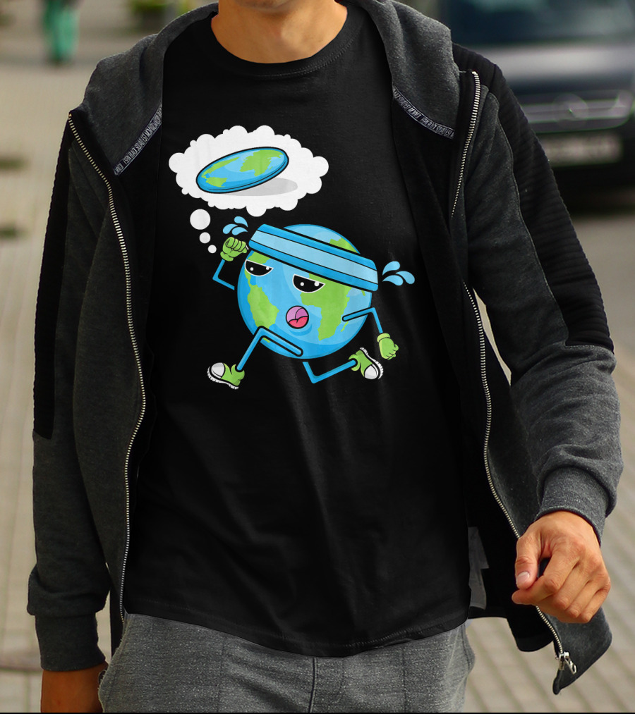 Flat Earth Gym Runner Cartoon With Sweatband And Sneakers T-Shirt