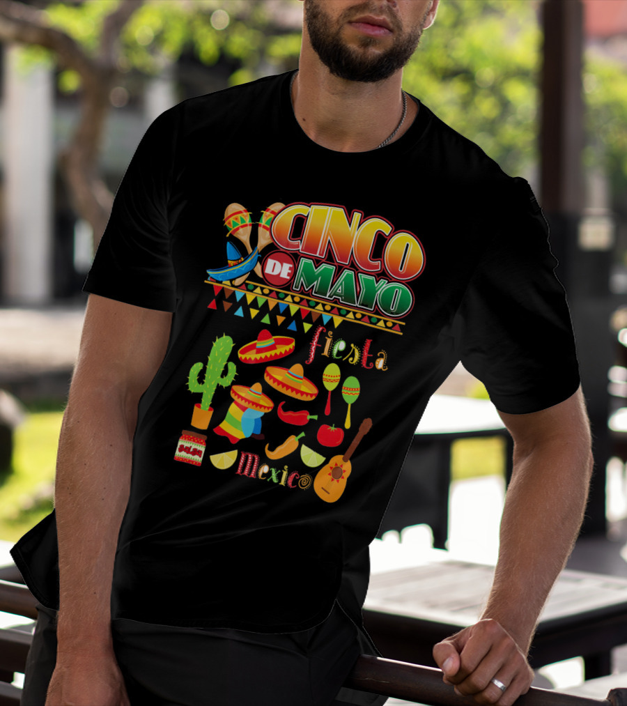 Cinco De Mayo Fiesta Mexico Cactus Sombrero Maracas Guitar Lime Chilli Peppers Icons T-Shirt
