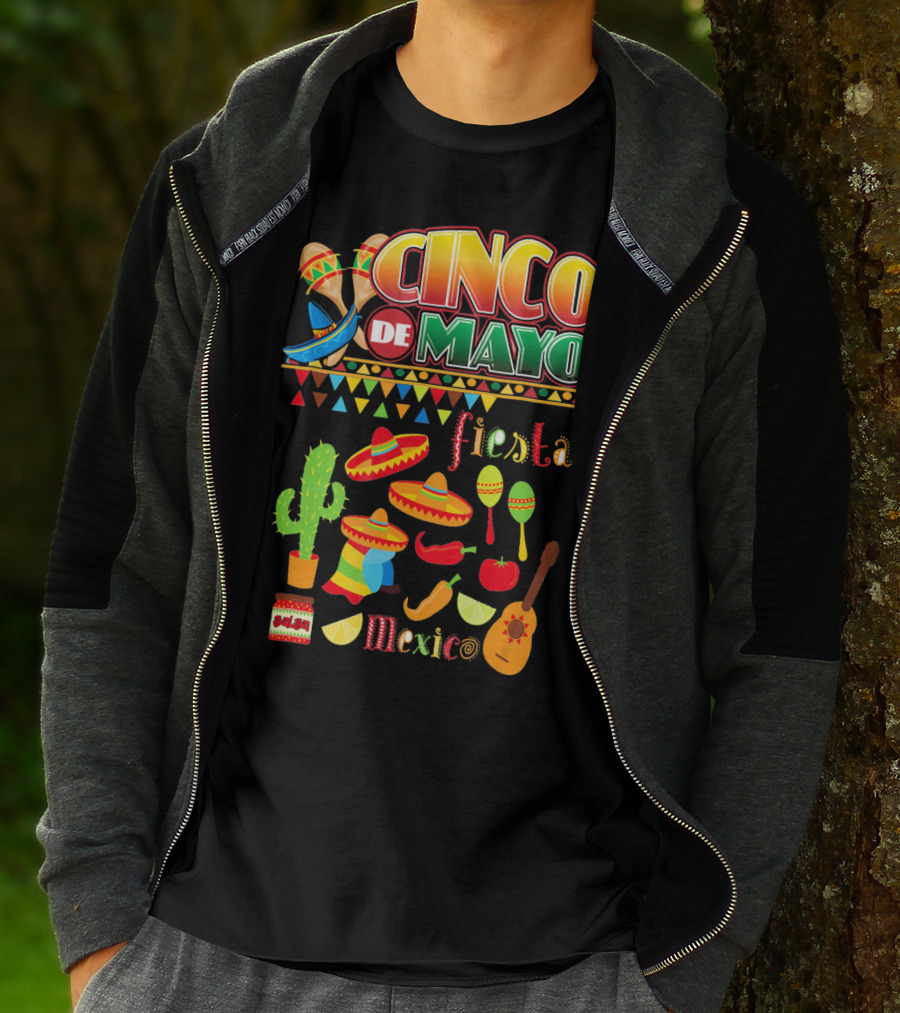 Cinco De Mayo Fiesta Mexico Cactus Sombrero Maracas Guitar Lime Chilli Peppers Icons T-Shirt