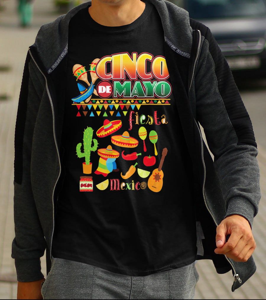 Cinco De Mayo Fiesta Mexico Cactus Sombrero Maracas Guitar Lime Chilli Peppers Icons T-Shirt