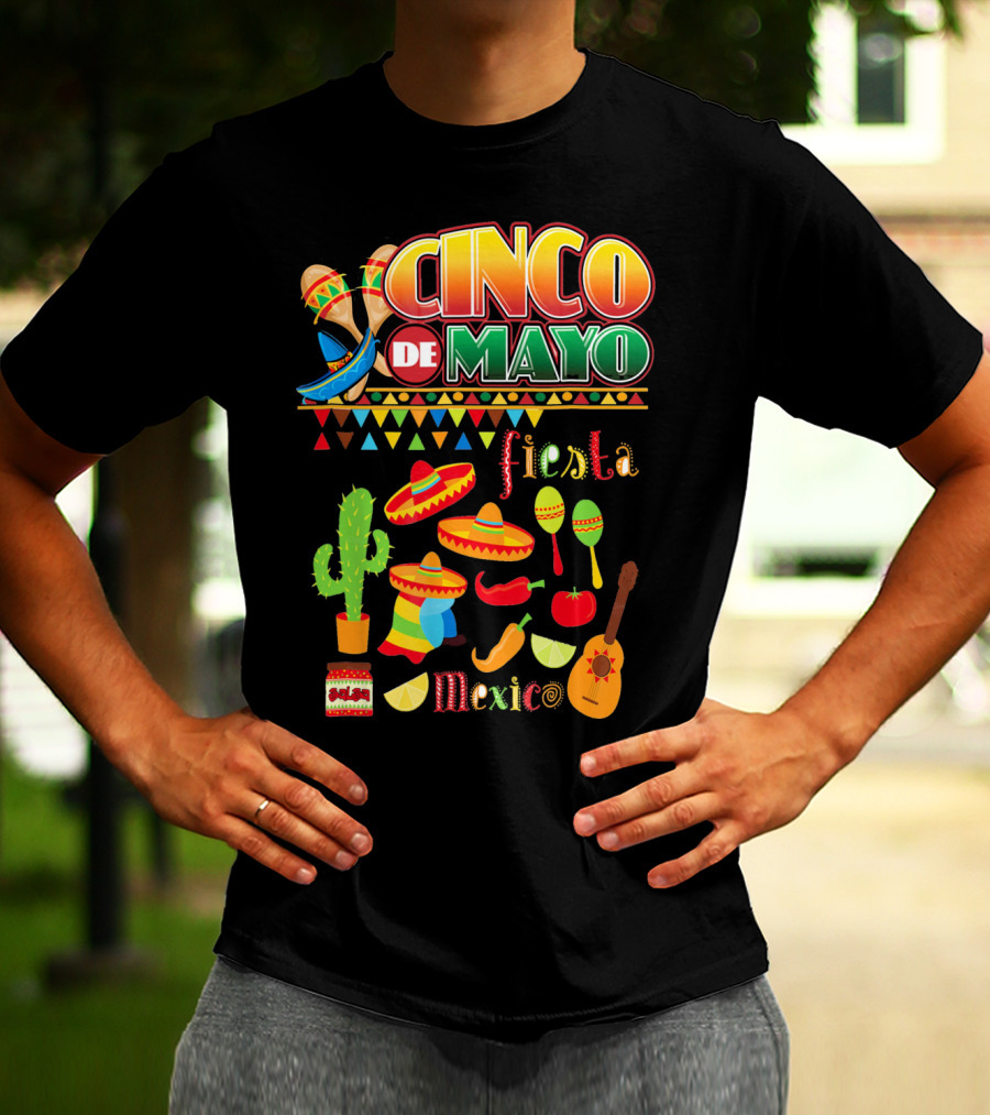 Cinco De Mayo Fiesta Mexico Cactus Sombrero Maracas Guitar Lime Chilli Peppers Icons T-Shirt