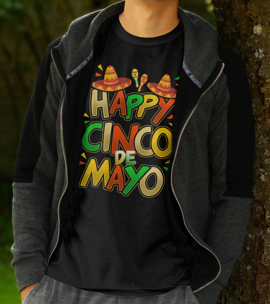 Happy Cinco De Mayo Fiesta Celebration Mexican Sombrero And Maracas T-Shirt
