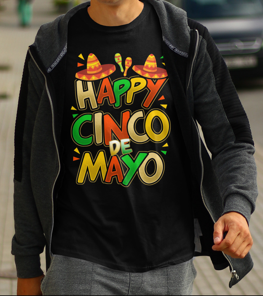 Happy Cinco De Mayo Fiesta Celebration Mexican Sombrero And Maracas T-Shirt