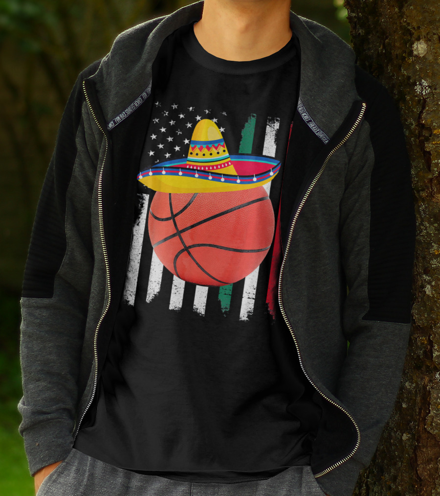 Cinco De Mayo Basketball Sombrero USA Mexico Flag T-Shirt