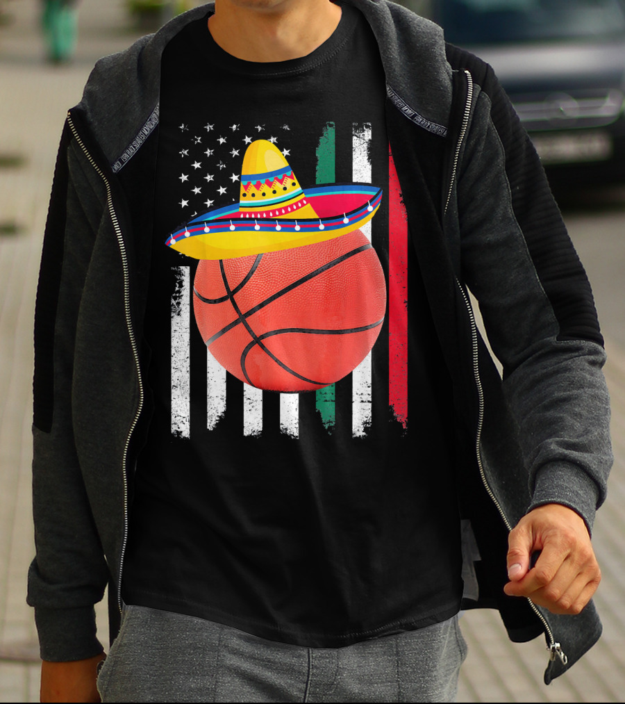 Cinco De Mayo Basketball Sombrero USA Mexico Flag T-Shirt