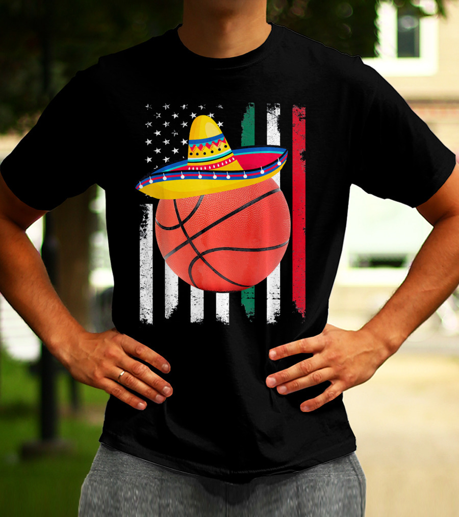 Cinco De Mayo Basketball Sombrero USA Mexico Flag T-Shirt