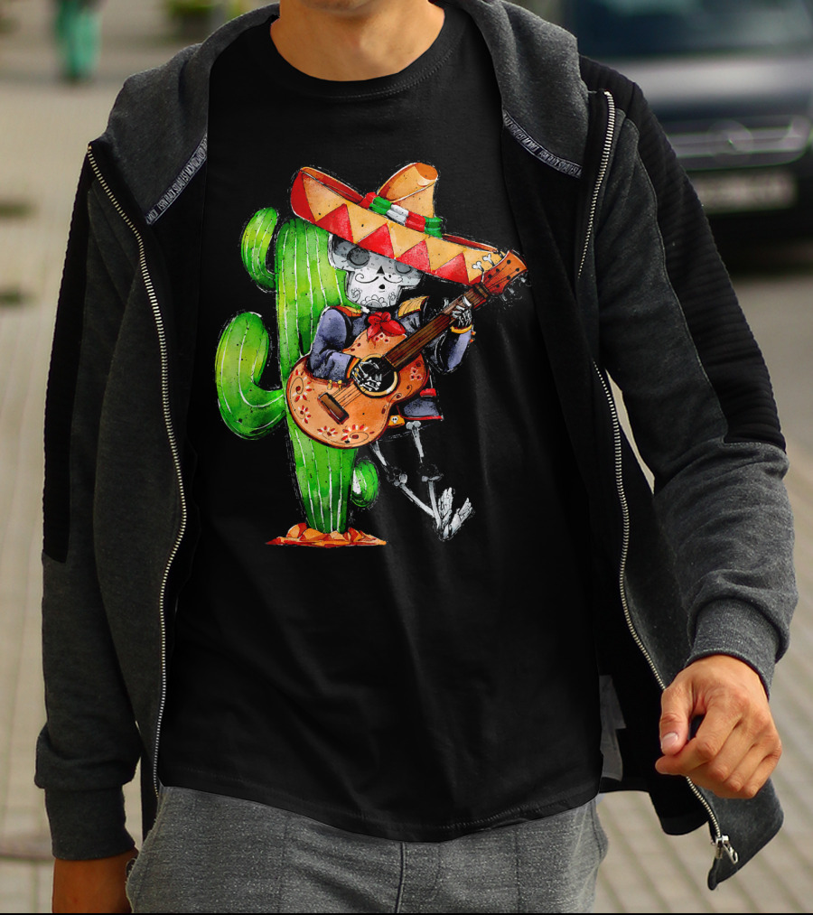 Mexican Independence Cinco De Mayo Mariachi Skeleton With Sombrero And Guitar T-Shirt