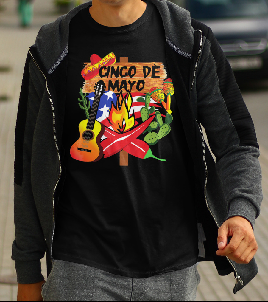 Cinco De Mayo America Loves Mexico With Sombrero Guitar Peppers Cactus And Maracas T-Shirt