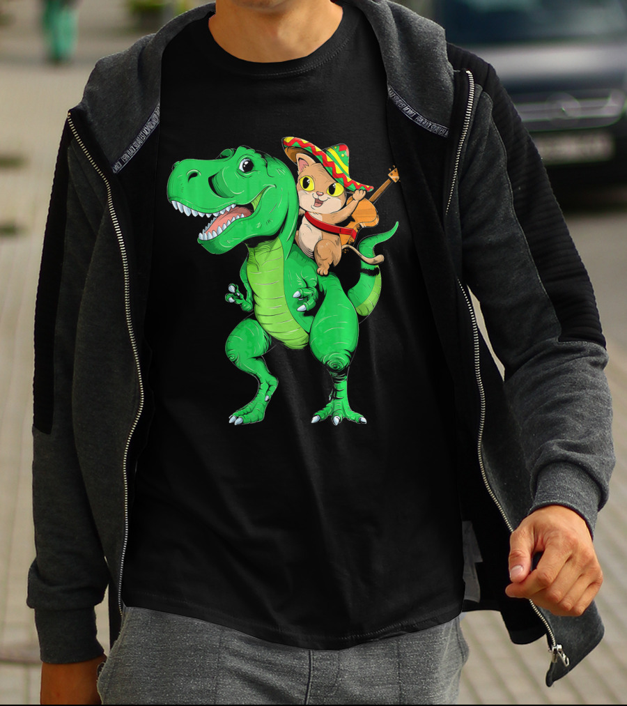 Cinco De Mayo Cat With Sombrero Riding T-Rex T-Shirt