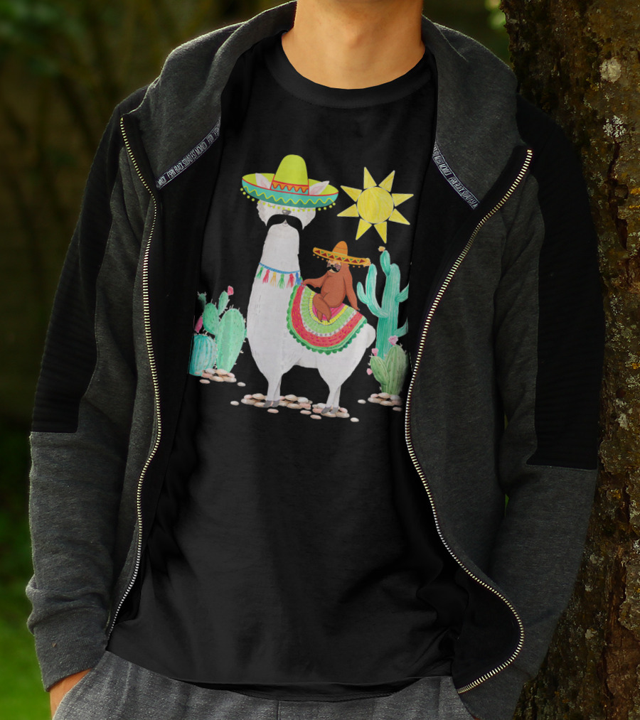 Funny Cinco De Mayo Sloth Riding Llama With Sombrero And Cactus Scene T-Shirt
