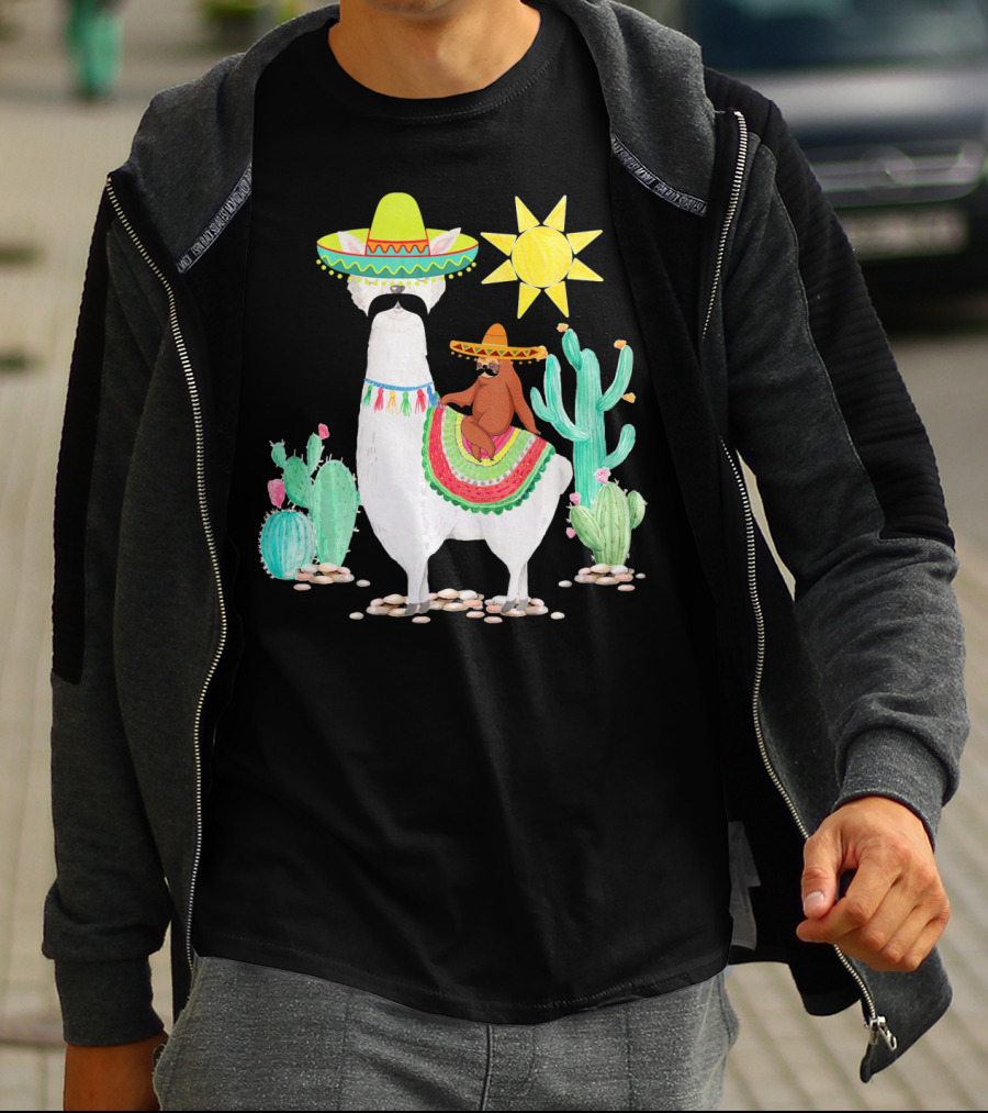 Funny Cinco De Mayo Sloth Riding Llama With Sombrero And Cactus Scene T-Shirt