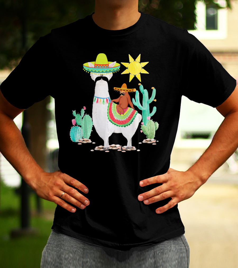 Funny Cinco De Mayo Sloth Riding Llama With Sombrero And Cactus Scene T-Shirt