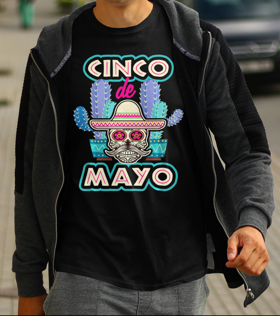 Cinco De Mayo Skull Mustache Sombrero Cactus Fiesta T-Shirt