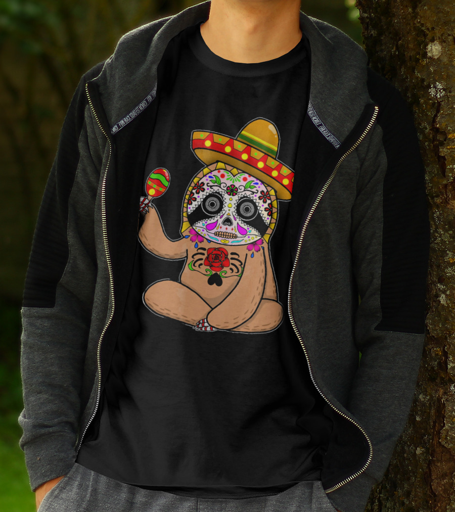 Cinco De Mayo Sloth Day Of The Dead Sombrero Maracas T-Shirt