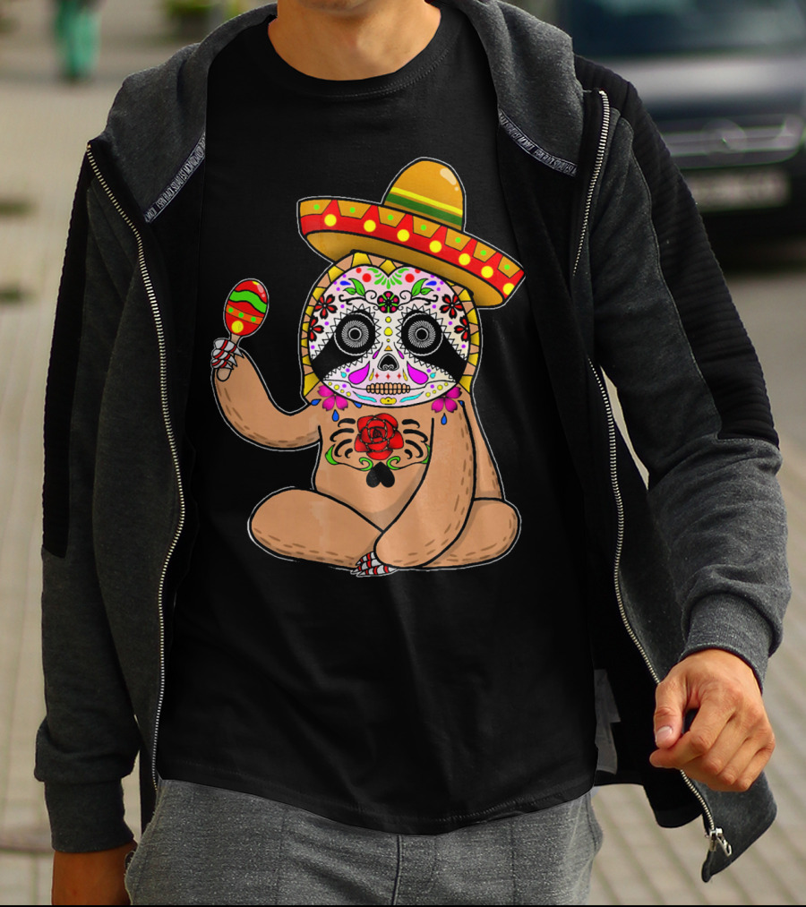 Cinco De Mayo Sloth Day Of The Dead Sombrero Maracas T-Shirt