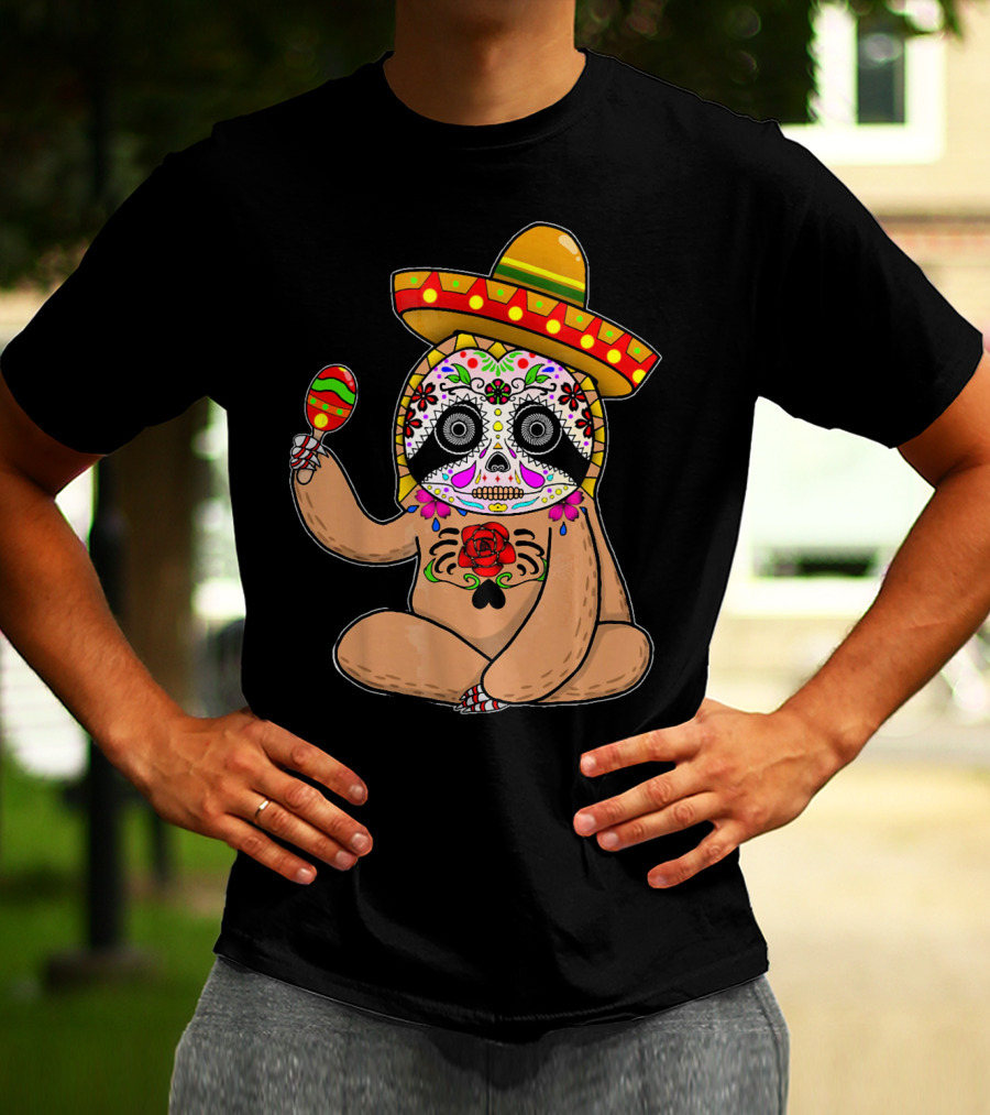 Cinco De Mayo Sloth Day Of The Dead Sombrero Maracas T-Shirt
