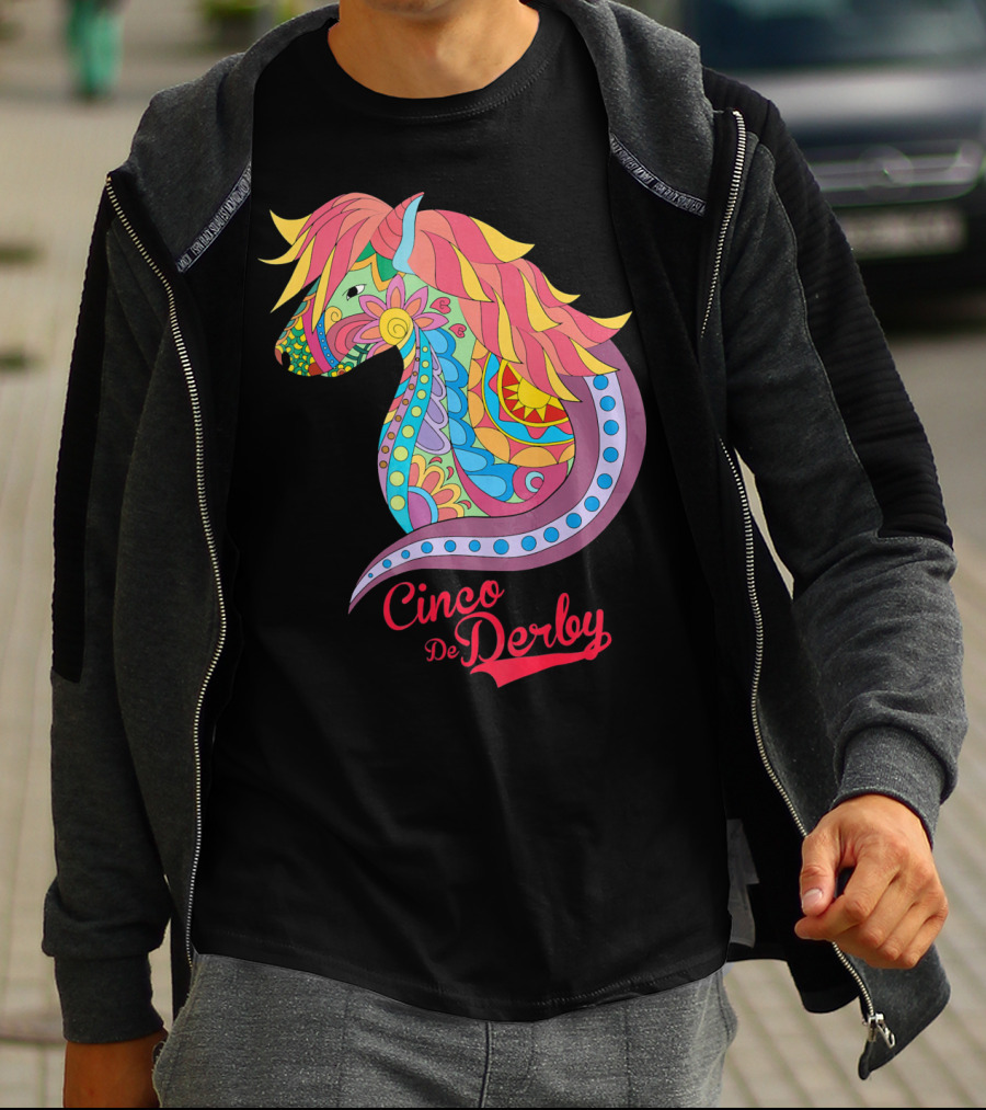 Cinco De Derby Colorful Horse Motif T-Shirt
