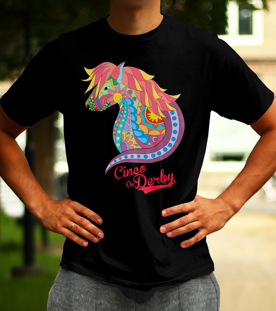 Cinco De Derby Colorful Horse Motif T-Shirt