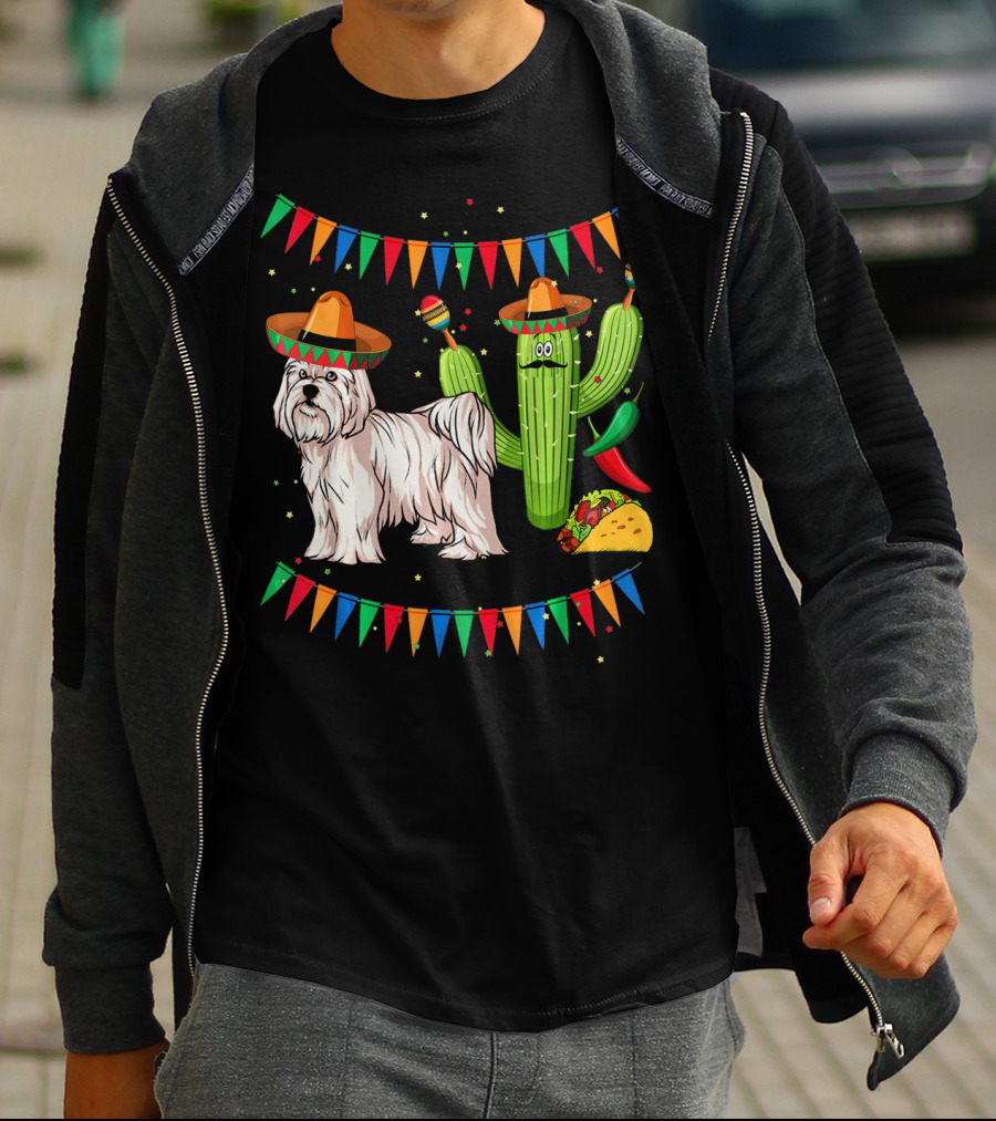 Maltese Dog Sombrero Mexico Cinco De Mayo Cactus Taco Fiesta T-Shirt