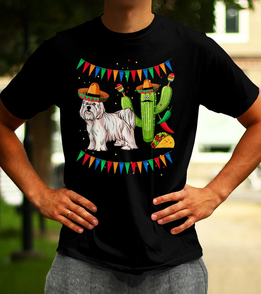 Maltese Dog Sombrero Mexico Cinco De Mayo Cactus Taco Fiesta T-Shirt