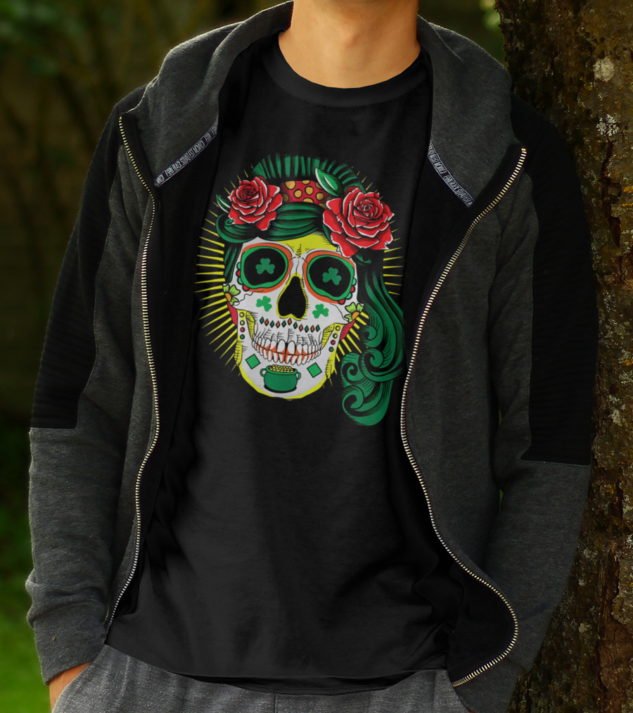 Cinco De Mayo St Patricks Day Shamrock Skull Roses T-Shirt
