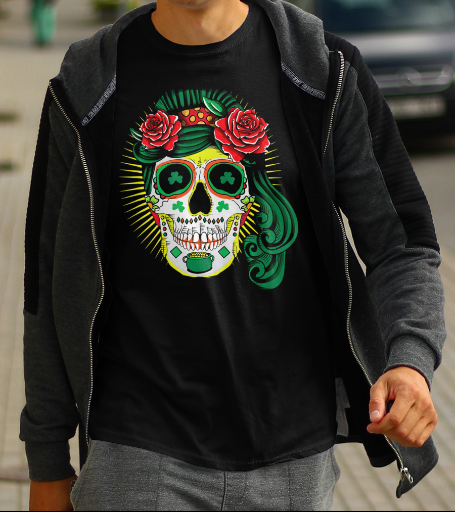 Cinco De Mayo St Patricks Day Shamrock Skull Roses T-Shirt