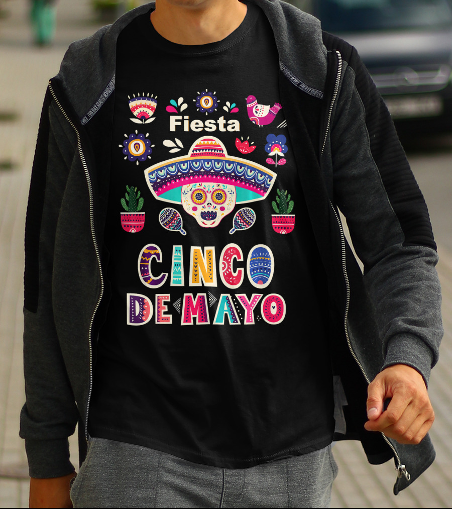 Fiesta Cinco De Mayo Mexico Sugar Skull Sombrero And Floral Elements T-Shirt