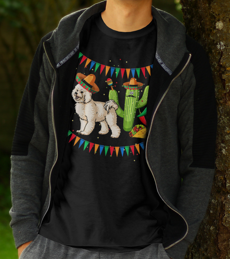 Sombrero Bichon Frise Dog And Cactus With Maracas Mexico Cinco Fiesta T-Shirt
