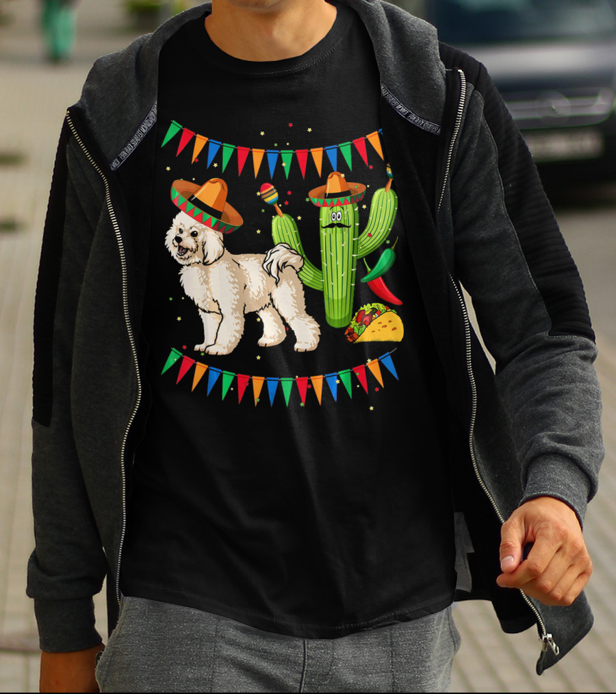 Sombrero Bichon Frise Dog And Cactus With Maracas Mexico Cinco Fiesta T-Shirt
