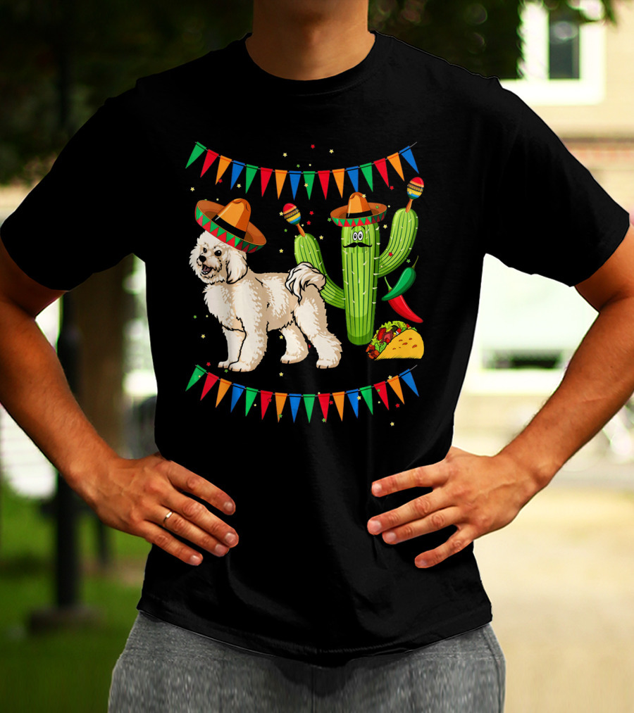 Sombrero Bichon Frise Dog And Cactus With Maracas Mexico Cinco Fiesta T-Shirt