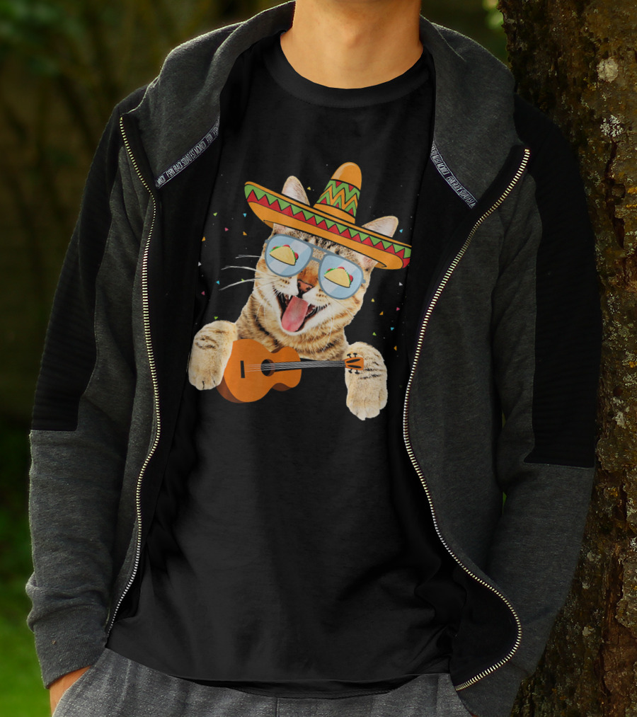 Cinco De Mayo Cat With Sombrero And Guitar T-Shirt