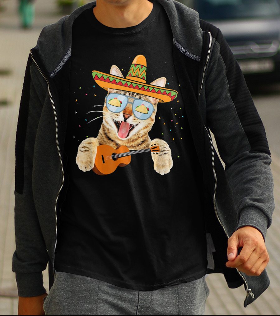 Cinco De Mayo Cat With Sombrero And Guitar T-Shirt