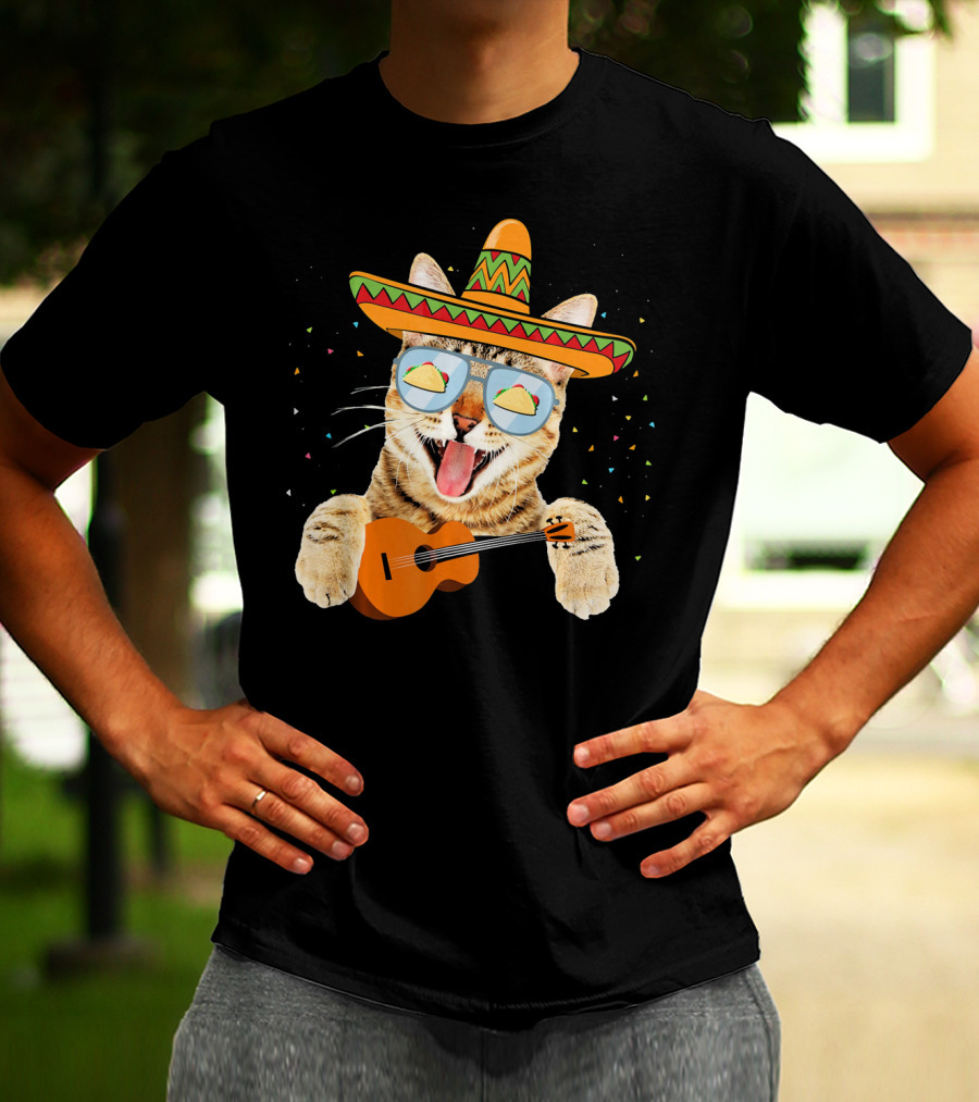 Cinco De Mayo Cat With Sombrero And Guitar T-Shirt