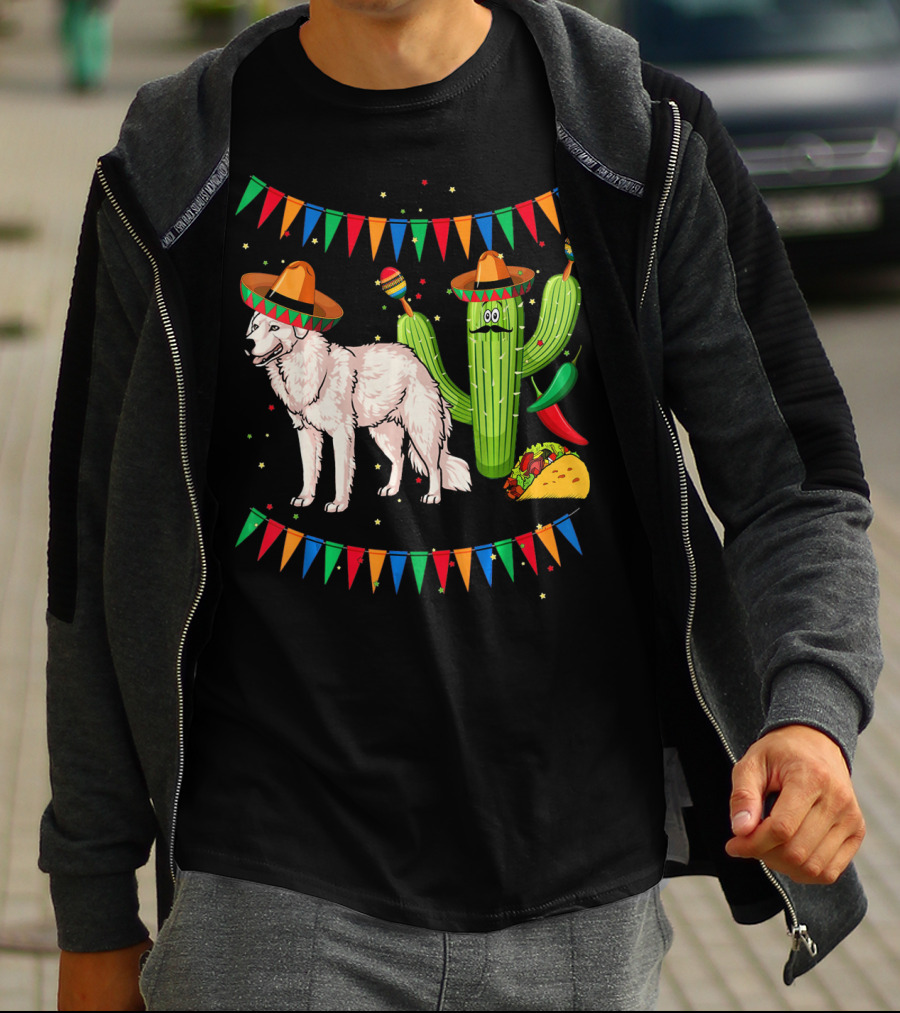 Sombrero Kuvasz Dog Mexican Fiesta With Cactus And Taco Cinco De Mayo T-Shirt