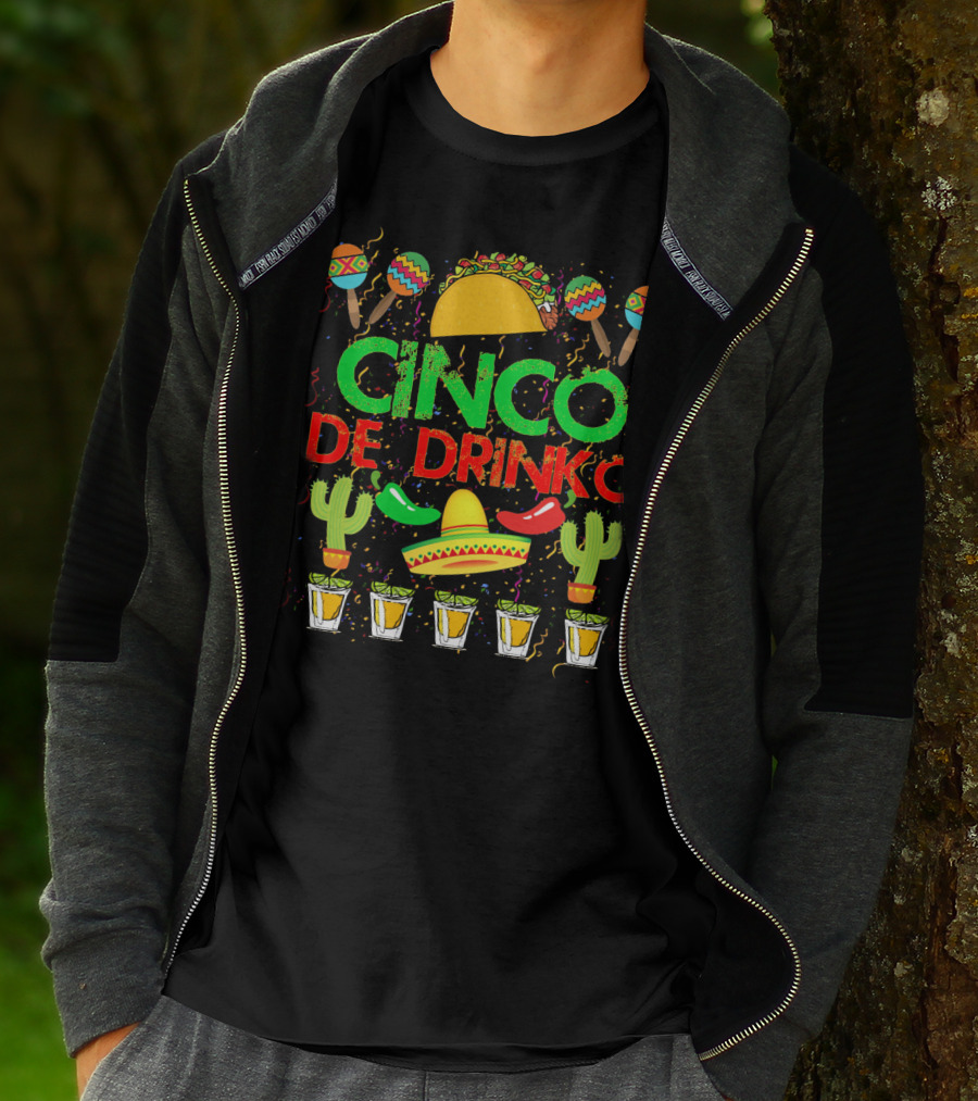 Cinco De Drinko Fiesta With Taco Sombrero Maracas Cactus And Tequila Shots T-Shirt