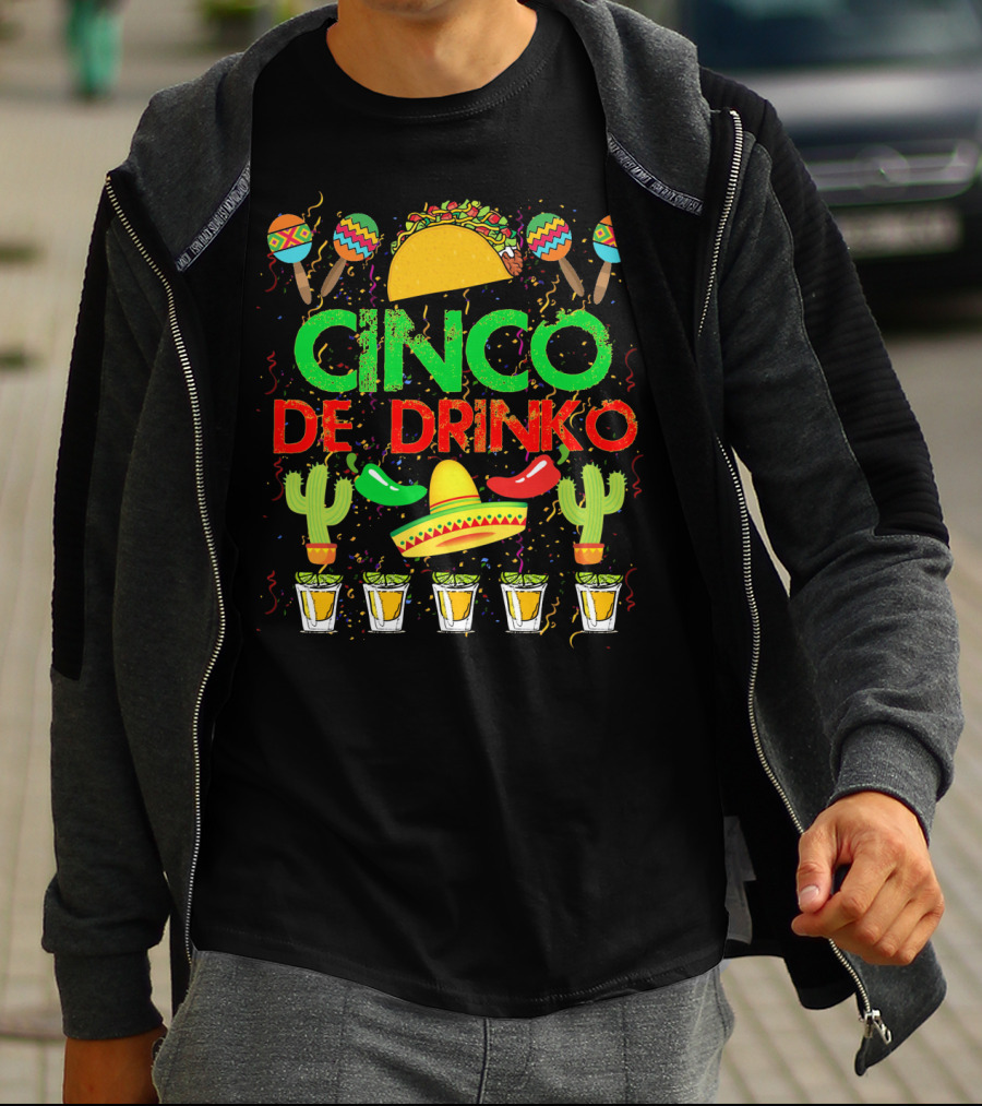 Cinco De Drinko Fiesta With Taco Sombrero Maracas Cactus And Tequila Shots T-Shirt