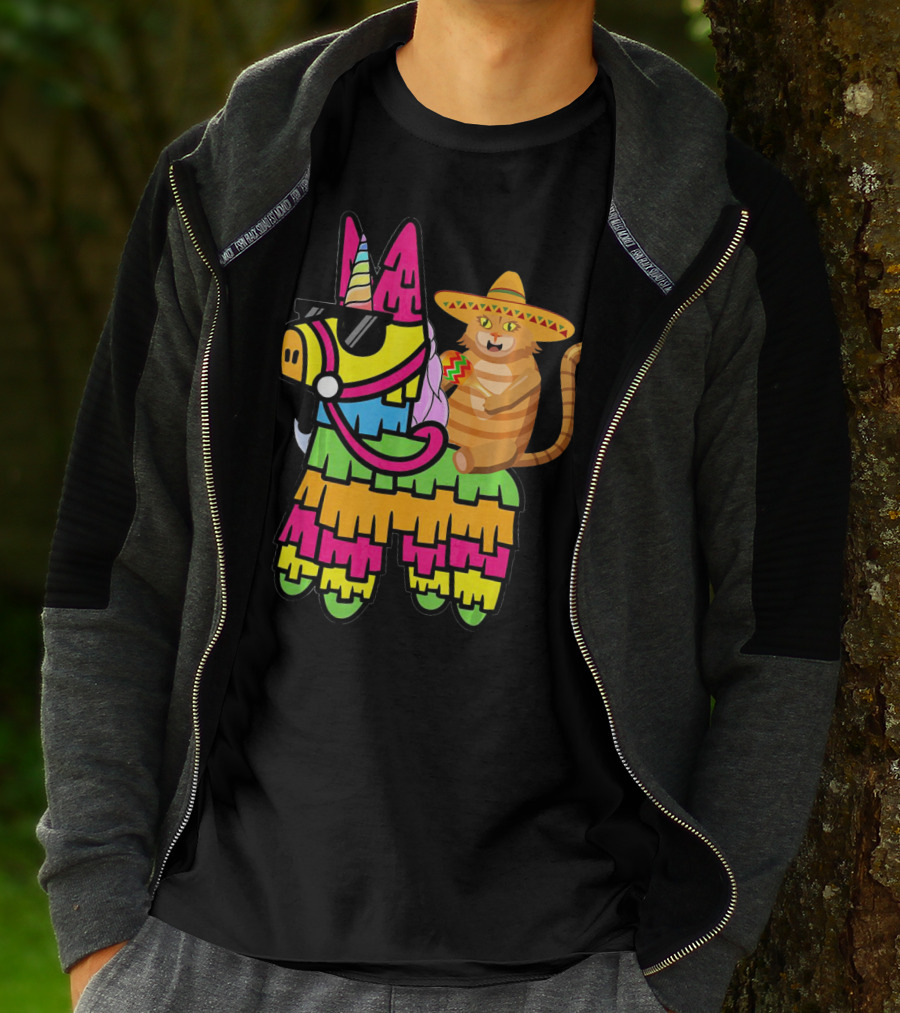 Cinco De Mayo Sombrero Cat On Colorful Pinata With Unicorn And Sunglasses T-Shirt