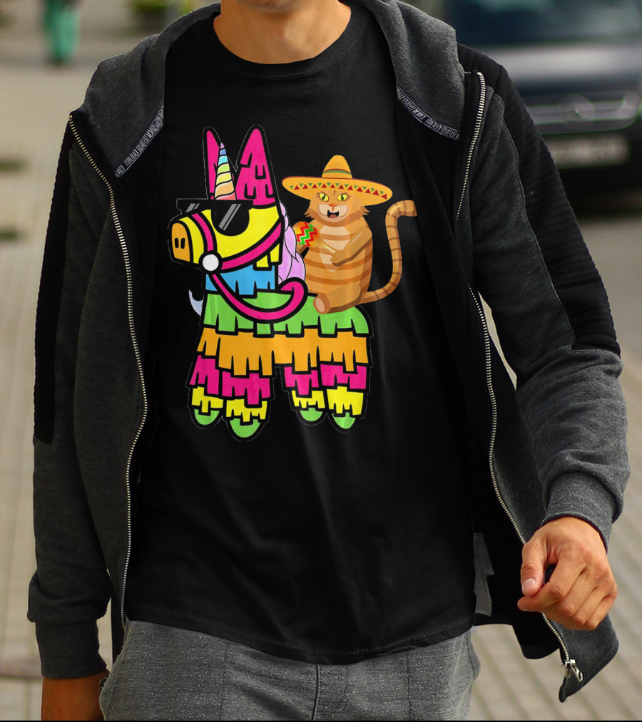 Cinco De Mayo Sombrero Cat On Colorful Pinata With Unicorn And Sunglasses T-Shirt